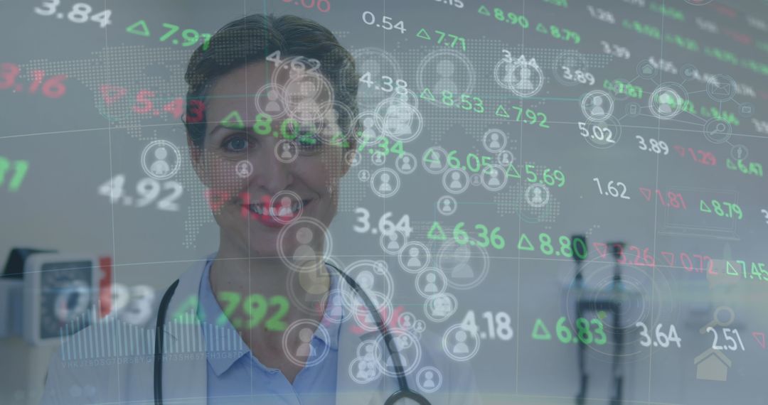 Female Doctor Analyzing Medical Data Overlaid with Financial Interface