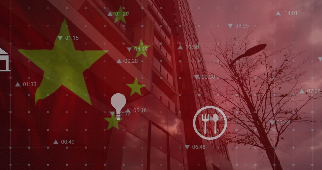 China Flag and Tree Lined Cityscape with Digital Overlay
