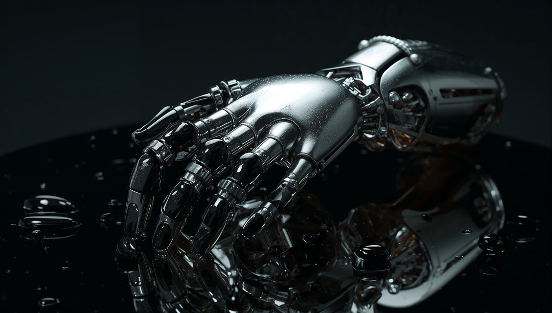 Chromed Robotic Hand Resting on Reflective Black Surface with Water Droplets