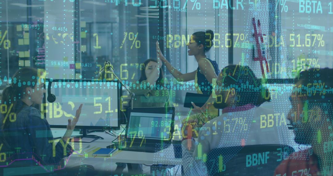 Office Team Celebrating Success with Digital Interface Overlay