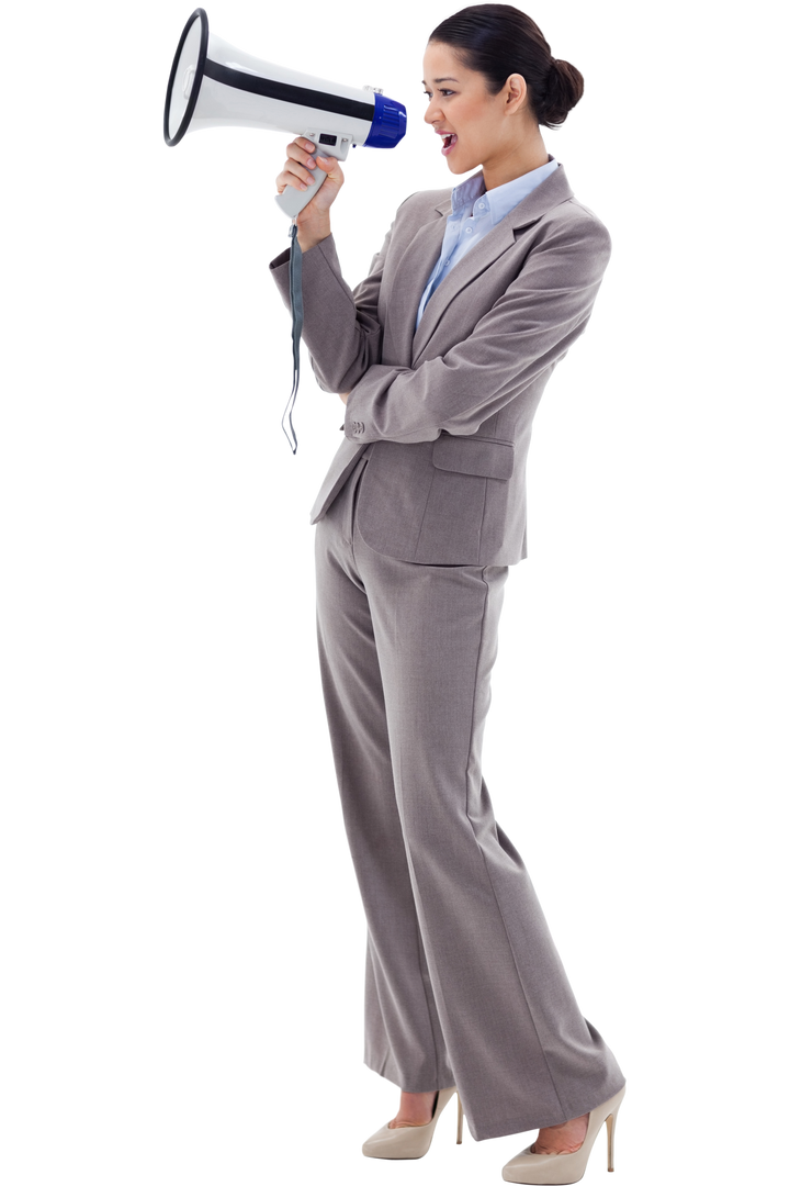 Transparent businesswoman shouting with megaphone in grey suit - Download Free Stock Images Pikwizard.com