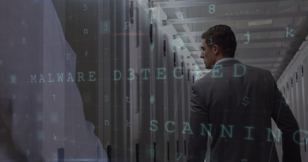 Businessman in Server Room Monitoring Malware Detection