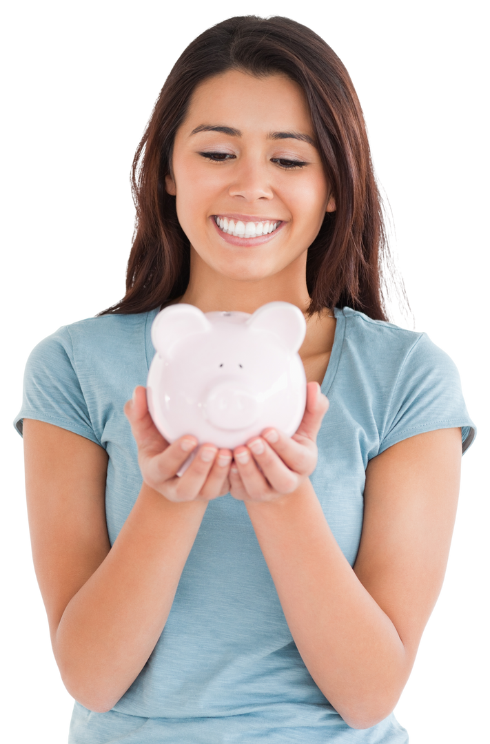 Enthusiastic young woman holding a translucent piggy bank - Download Free Stock Images Pikwizard.com