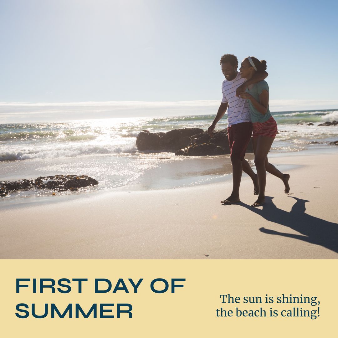 African American Couple Walking on Beach During First Day of Summer - Download Free Stock Templates Pikwizard.com