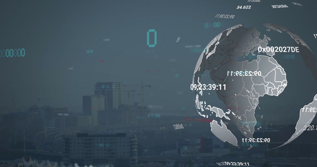 Rotating Digital Globe with Numbers Over Modern Cityscape