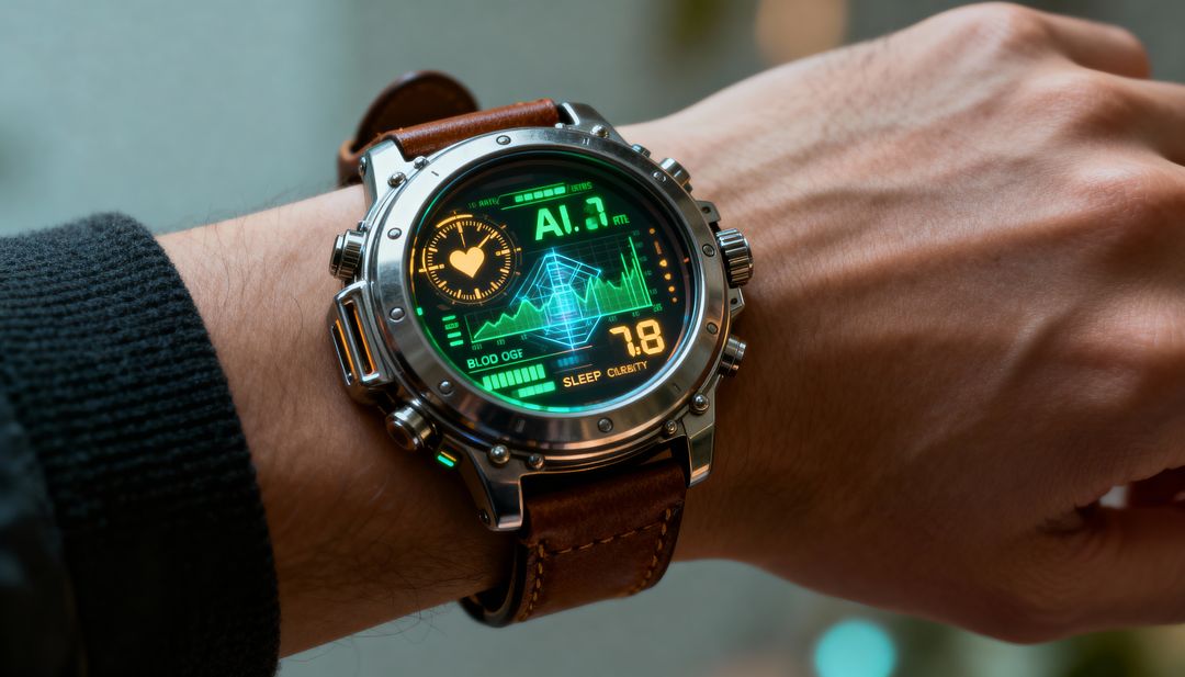 Rugged Smartwatch with Leather Strap Displaying Biometric AI HUD on Wrist