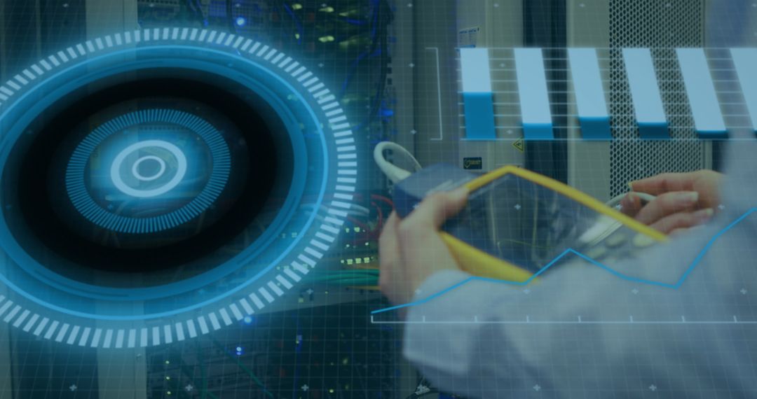 Engineer Conducting Data Processing with Digital Analytics Overlay