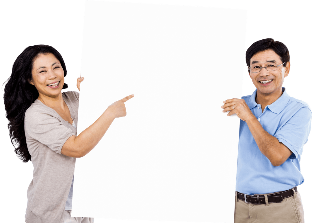 Smiling Couple Holding Up Large Blank White Presentation Sign Laptop Screen