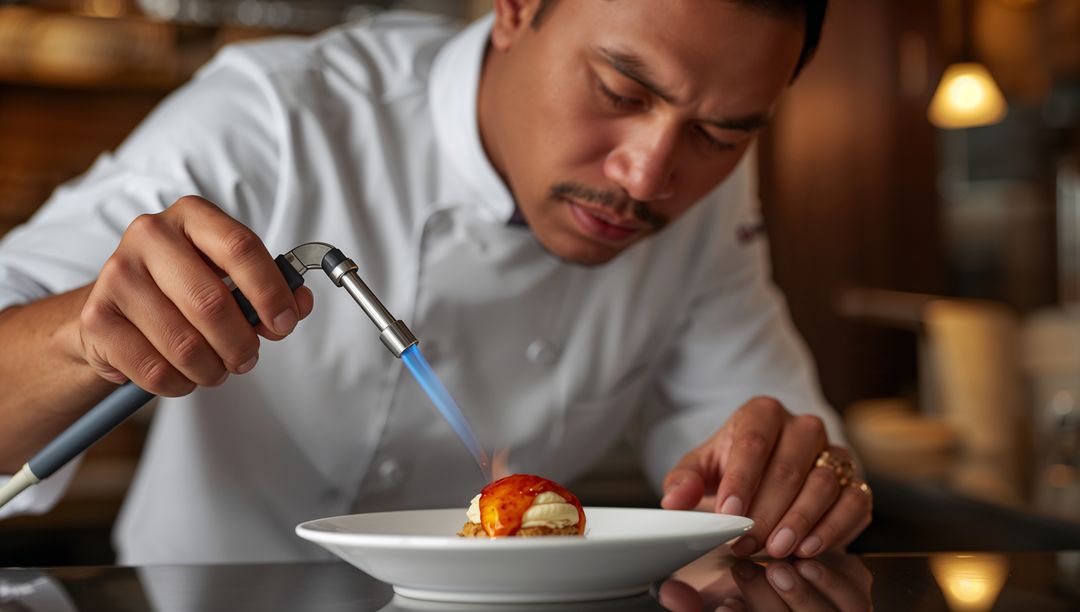 Chef Torch-Caramelizing Dessert with Blowtorch on Plate, Fine Dining Pastry Technique