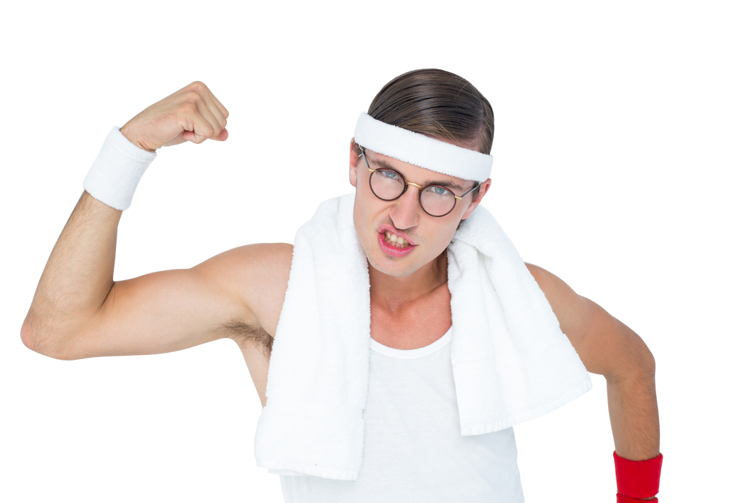 Geeky Hipster in Sportswear with Flexing Arm Transparent Background - Download Free Stock Images Pikwizard.com