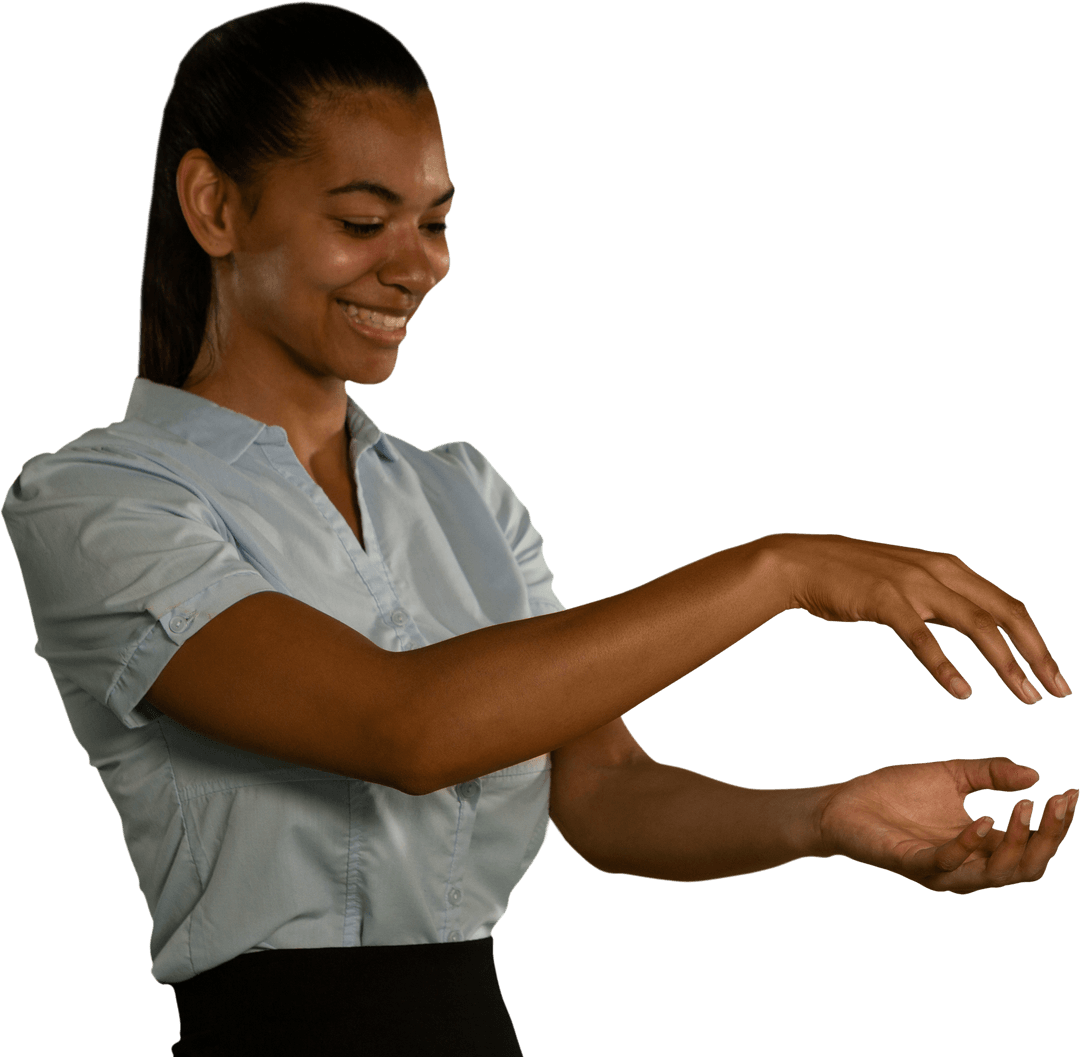 Smiling Woman Gesturing Transparent Object Isolated Background