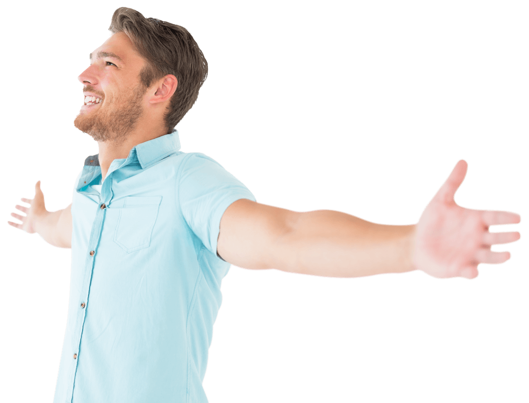 Happy Man in Light Blue Shirt with Outstretched Arms on Transparent Background