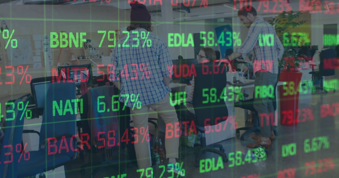 Business Professionals Collaborating with Stock Market Data Interface