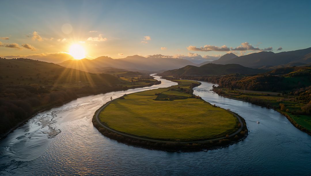 Sunset Glowing Over Meandering River Encircling Grassy Oxbow Island with Mountain Backdrop