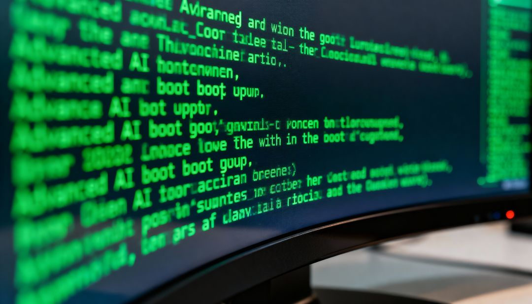 Displaying curved monitor streaming green terminal code with bezel, stand and red LED