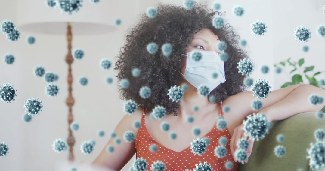Masked Woman Amidst Floating Virus Cells Illustrating Pandemic