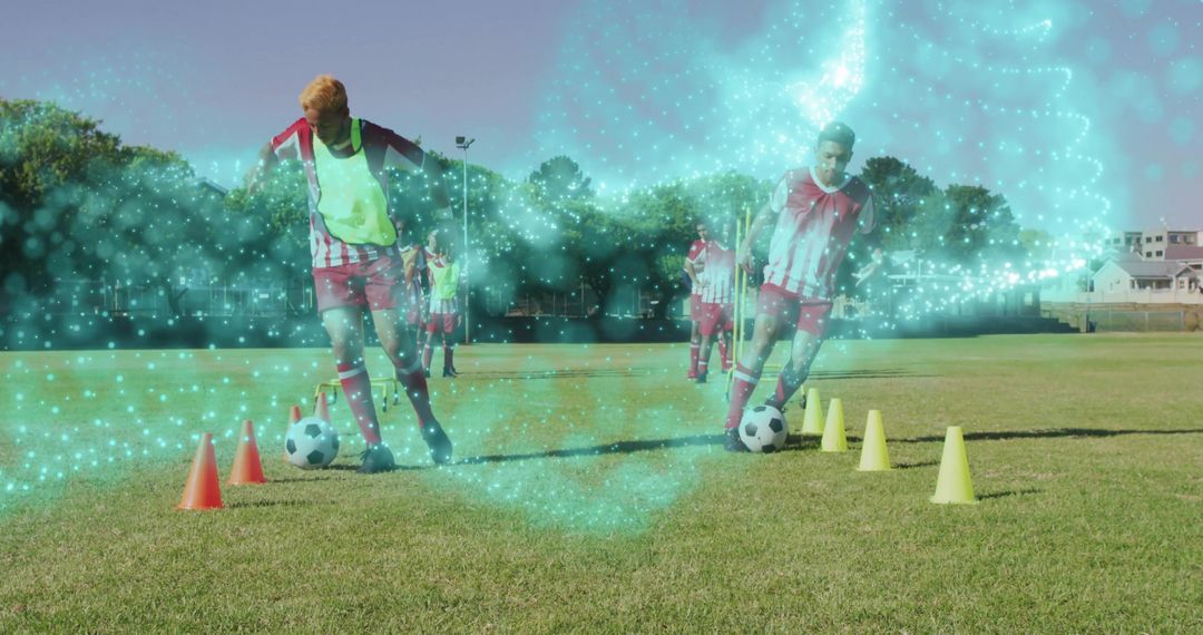 Youth Soccer Team Training on Field with Digital Simulation Effects