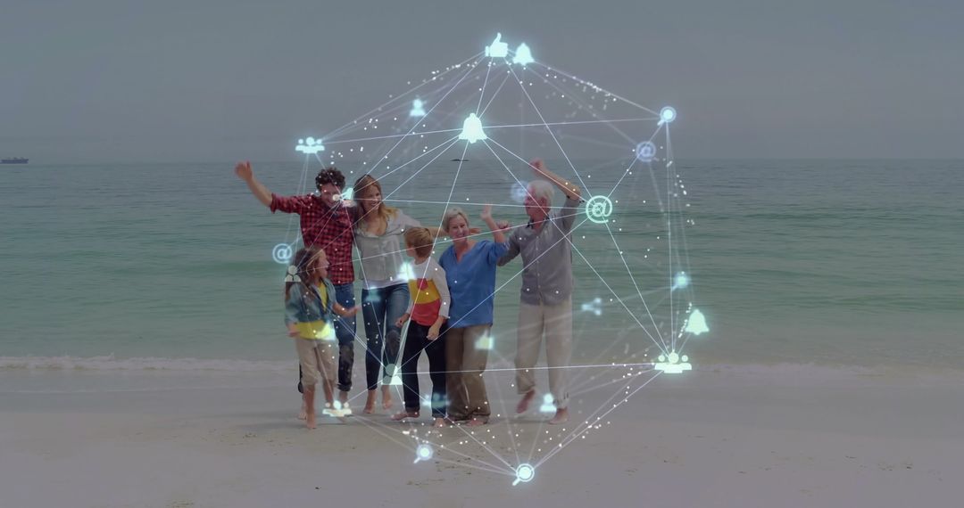 Digital Connections Superimposed on Beach Family Bonding