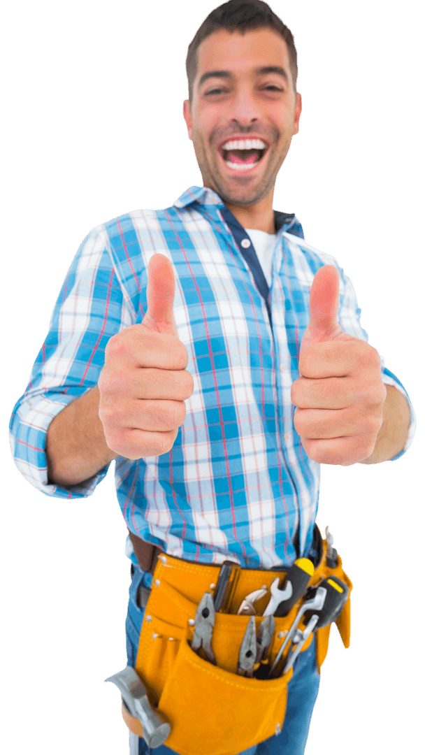 Joyful Handyman Giving Thumbs Up with Toolbelt Transparent Background