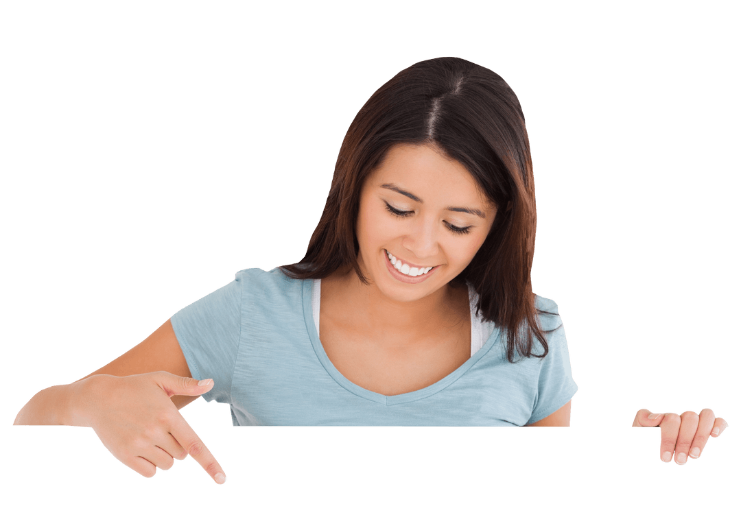 Smiling Woman Indicating Transparent Space for Text Insertion