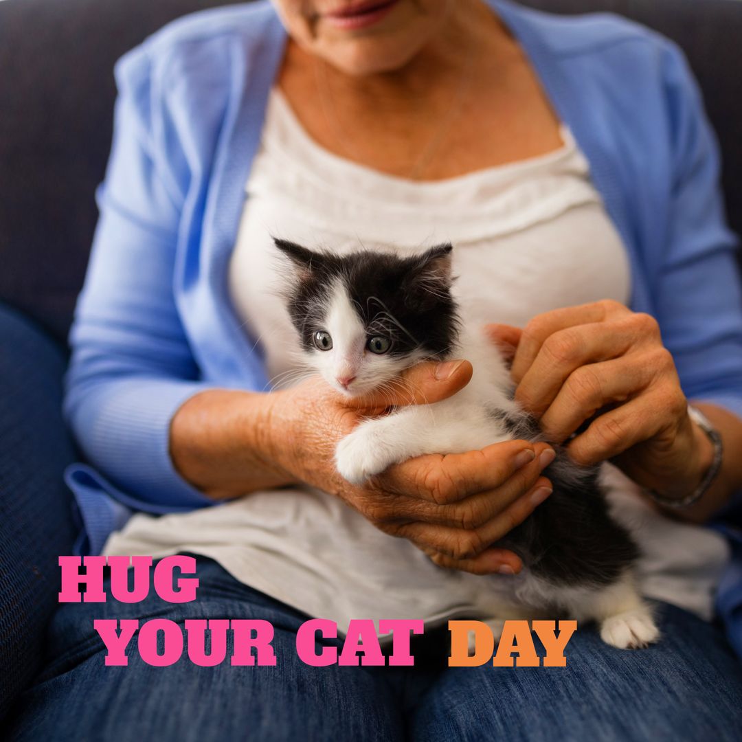 Senior Woman Enjoying Hug Your Cat Day with Adorable Kitten