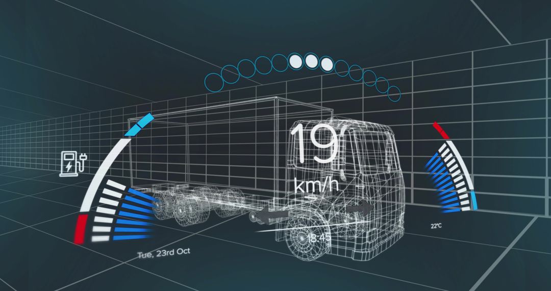 Wireframe Truck HUD Telemetry Showing 19 km/h Speed, Holographic 3D Fleet Visualization