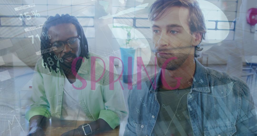 Diverse Team Analyzing Business Data with Dynamic Graphics Overlay