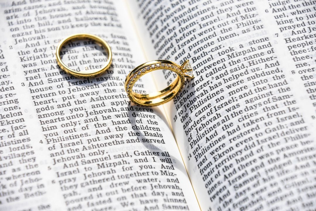 Wedding Rings Resting on Open Bible Between Pages