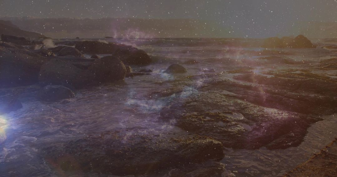 Cosmic Reflection on Serene Rocky Shoreline at Twilight