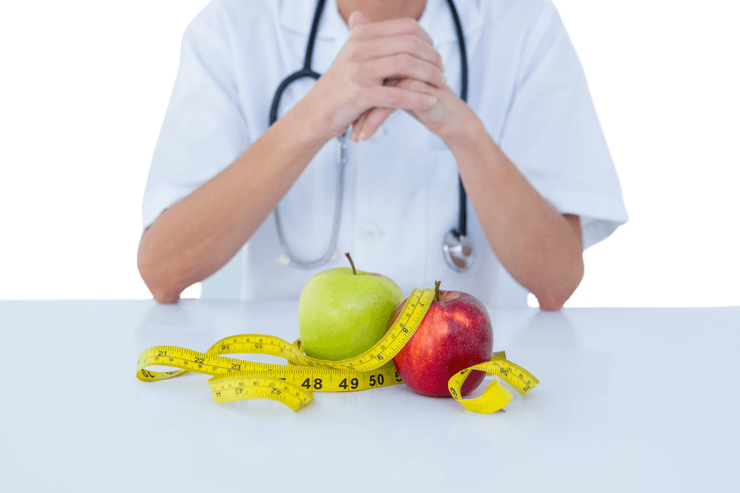 Transparent Doctor with Apples and Measuring Tape Promoting Health