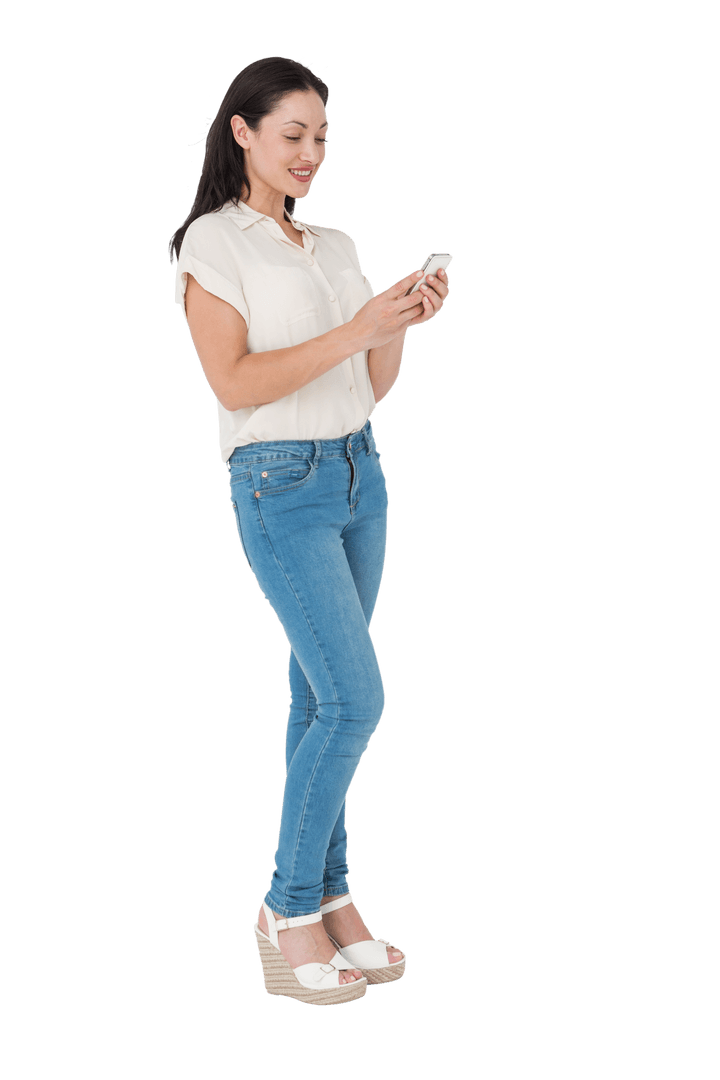 Happy Biracial Woman Using Smartphone on Transparent Background