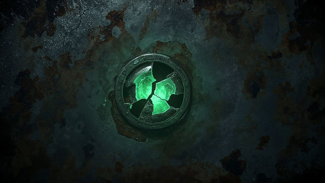 Shattered Porthole with Green Light in Corroded Ship Hull
