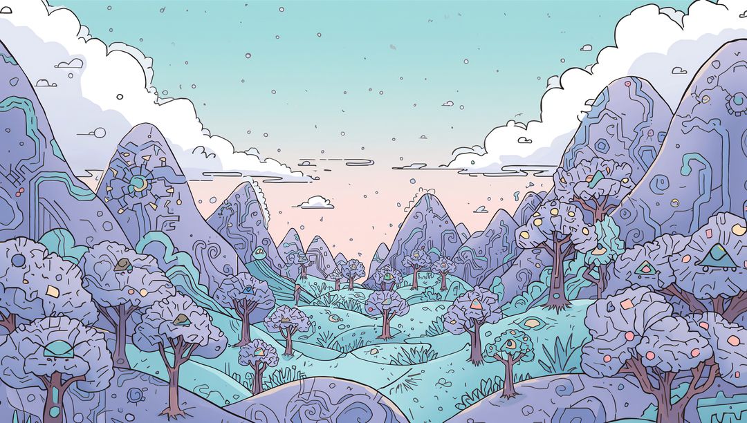 Dreamlike Fantasy Valley with Abstract Trees and Pastel Hues