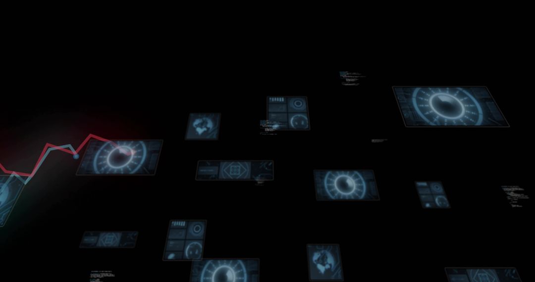 Holographic Cyber Interface Panels Drifting Through Dark Virtual Void with Radar Dials