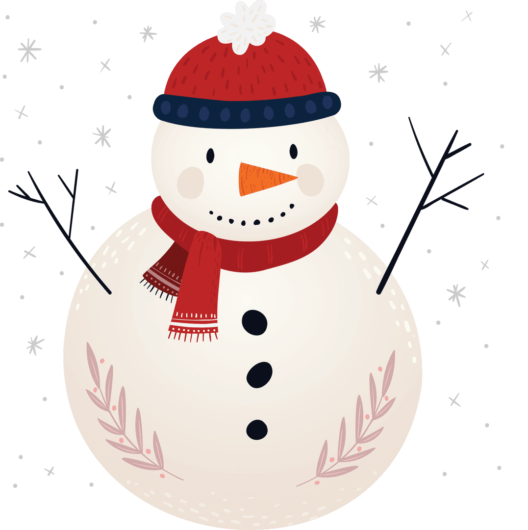 Happy Christmas Snowman on Transparent Background with Red Hat and Scarf