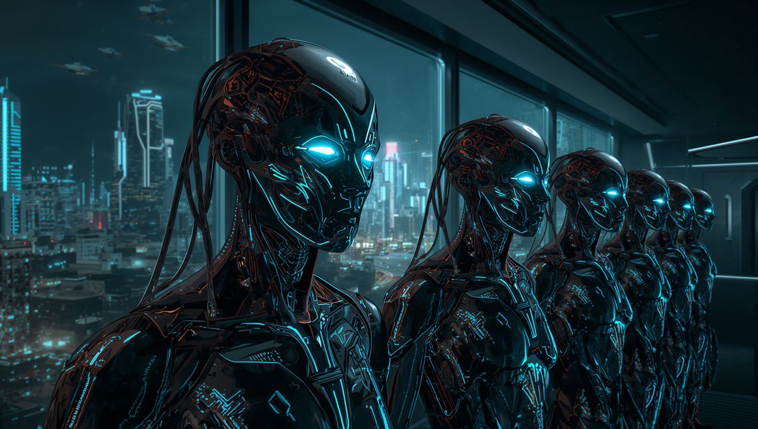 Futuristic Cyborgs in Neon-Lit Cityscape with Advanced Technology