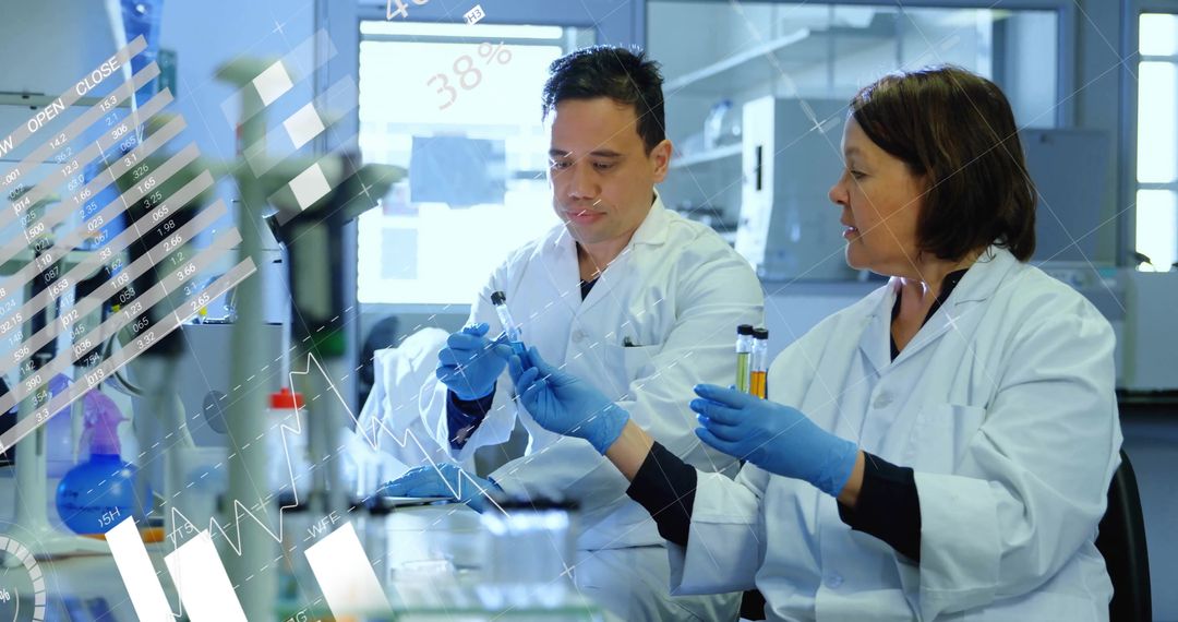 Scientists Analyzing Data with High-Tech Graphics Overlay