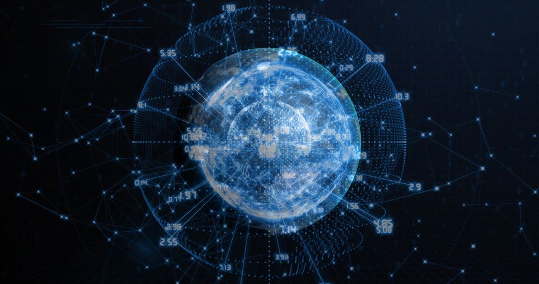 Futuristic Digital Globe with Data Nodes and Number Overlays