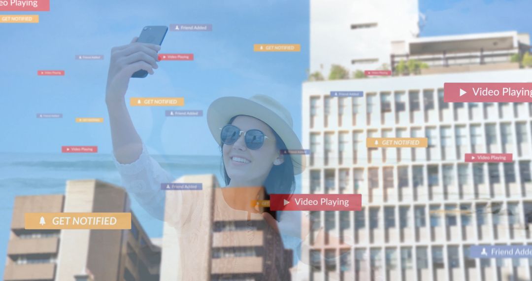 Woman Taking Selfie at Beach with Digital Overlay Notifications