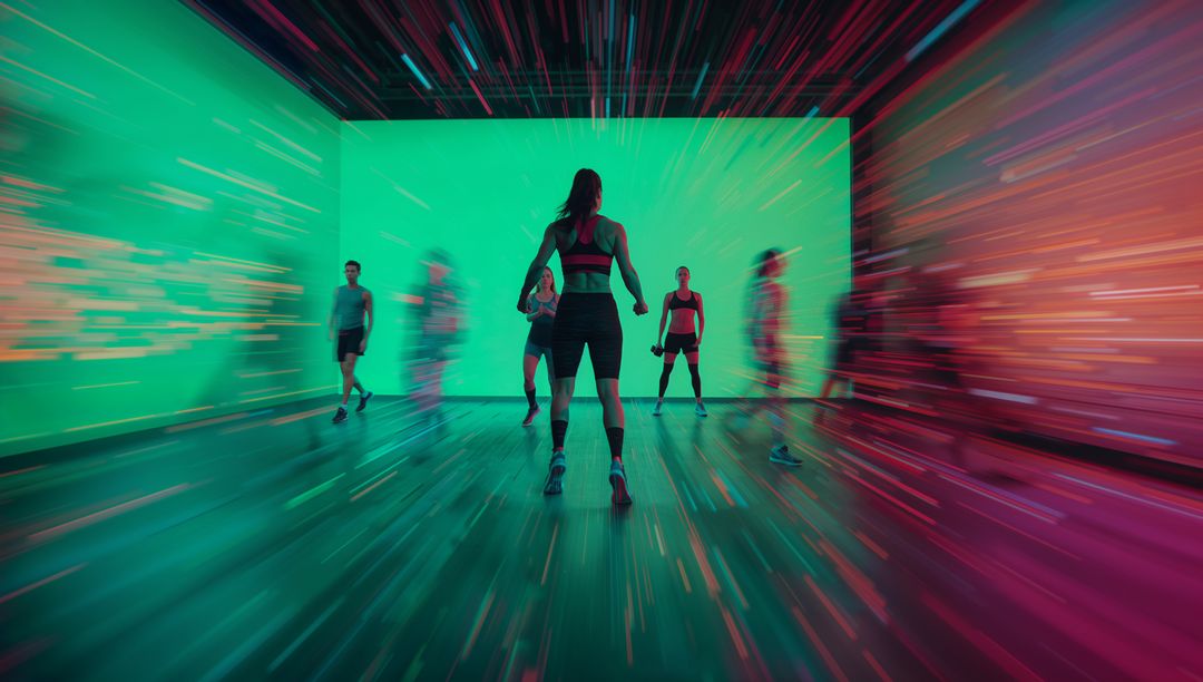 Dynamic Fitness Class with Modern LED Wall and Energetic Vibe