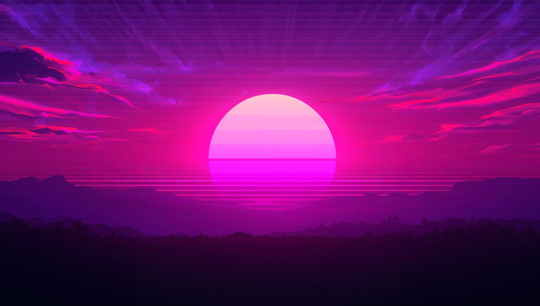 Neon Synthwave Sunset Over Layered Mountain Ridges With Glowing Banded Sun and Scanlines