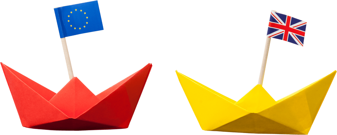 Transparent Origami Boats Representing European Union and United Kingdom Flags