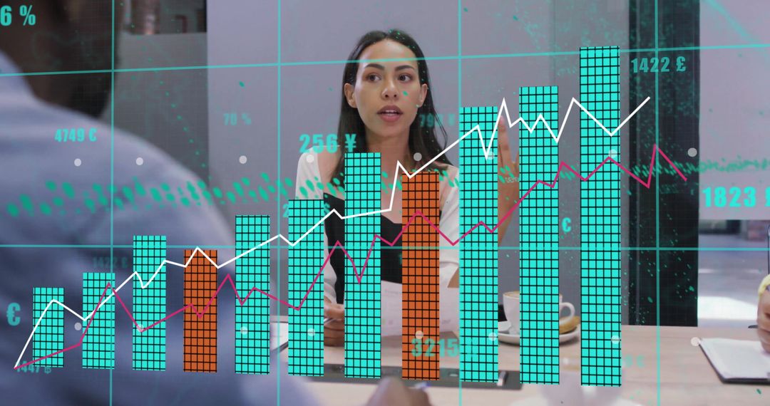 Digital Data Overlay on Business Meeting with Diverse Team