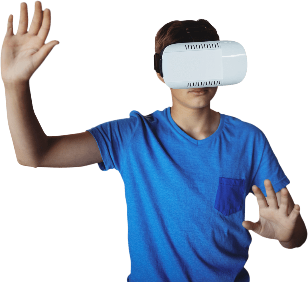 Young Boy Engaged with Transparent Virtual Reality Simulator
