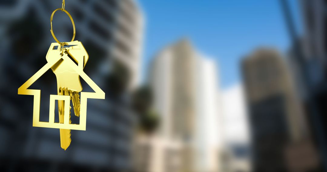 Golden house key dangling against urban cityscape