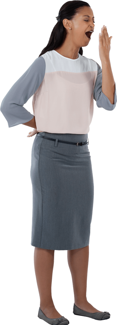 Yawning Biracial Businesswoman in Casual Professional Attire, Transparent