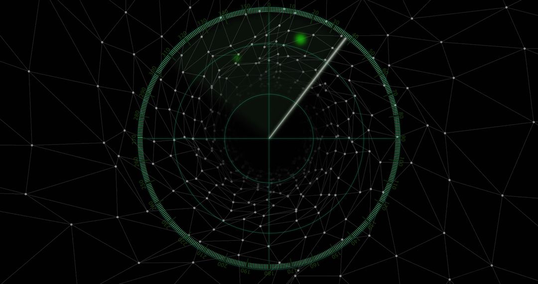 Futuristic Circular Radar HUD Scanning Neon Sweep with Pulsing Blip and Wireframe Mesh