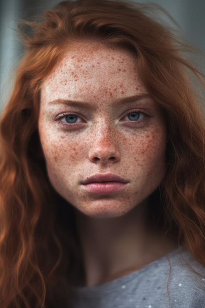 Portrait of red haired woman with blue eyes and freckles, created using generative ai technology - Free Images, Stock Photos and Pictures on Pikwizard.com