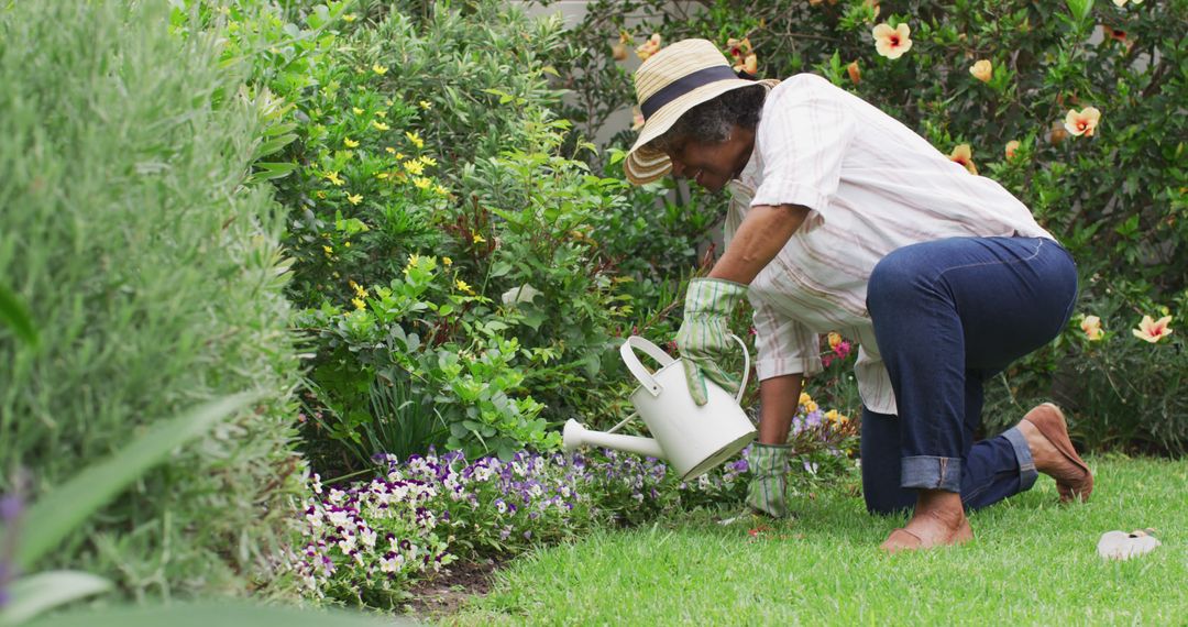 Senior Woman Watering Flowers in Vibrant Garden - Free Images, Stock Photos and Pictures on Pikwizard.com