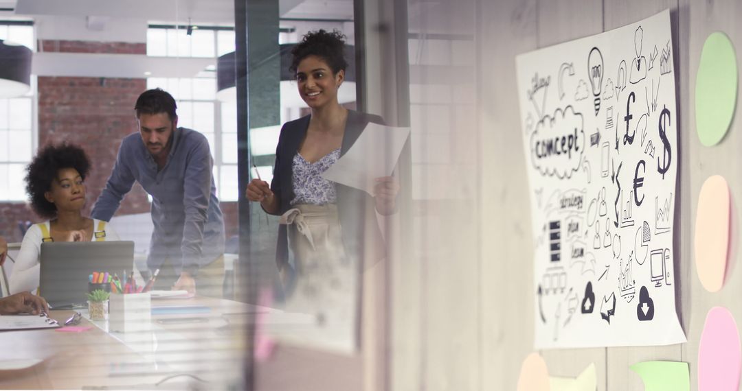 Diverse Team Collaborating in Office with Whiteboard and Charts